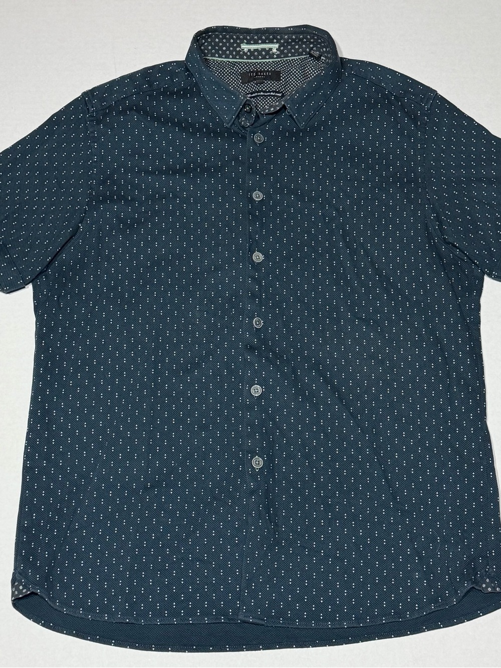 Ted Baker Navy Short-Sleeve Dot-Print Button-Up Shirt size 6 (small)